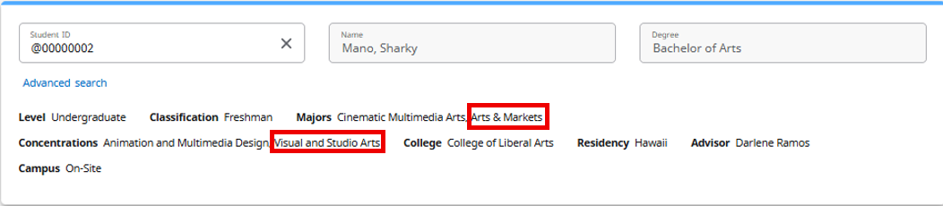 Additional majors/concentrations can be found on your Degree Works. Please refer to the major and/or concentration field found in the header. To locate that information, please refer to the image below.
